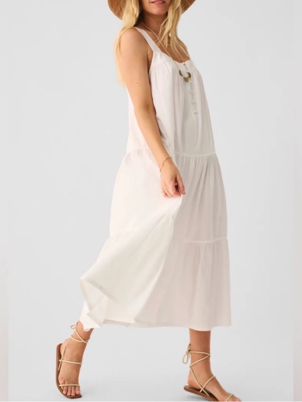 Faherty White Sleeveless Tiered Maxi Dress Large NEW